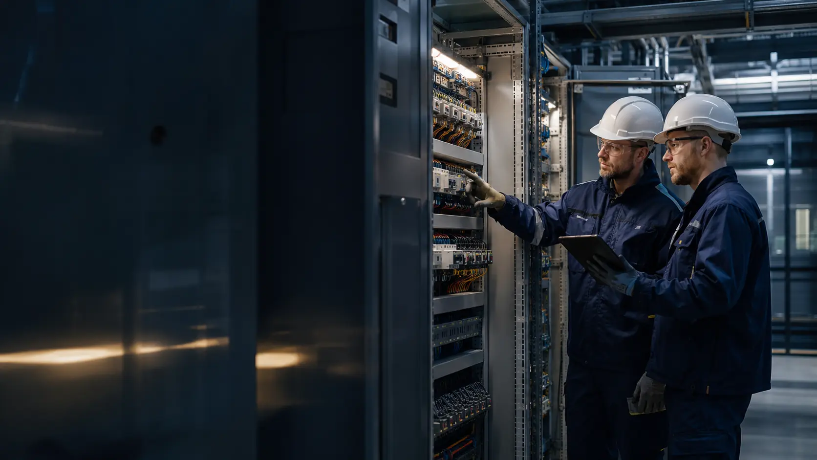 Elektrik panosunda saha kontrolü yapan mühendislik ekibi